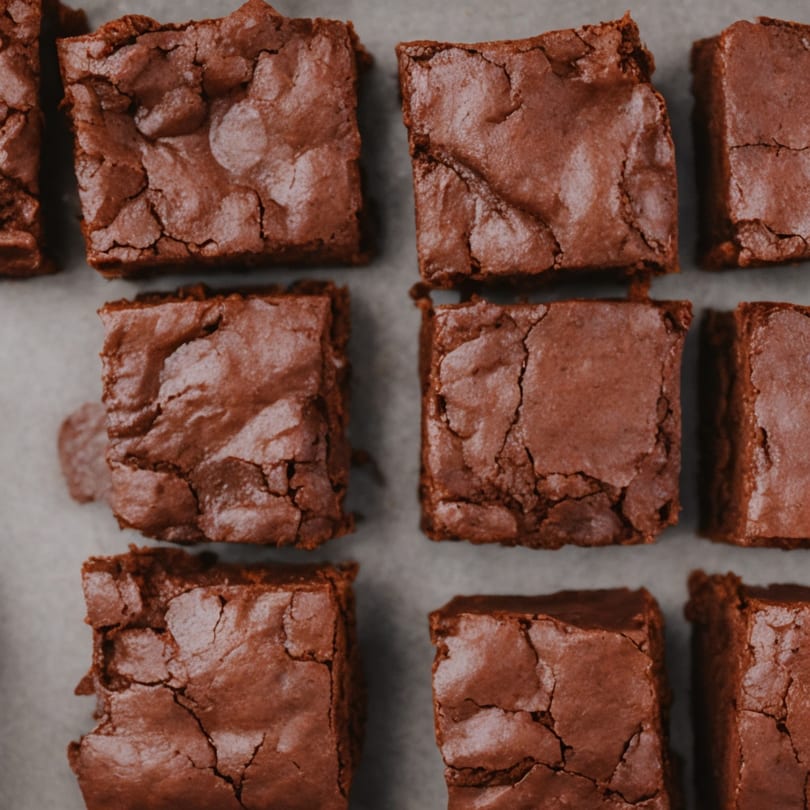 Close-up of several square-cut, rich chocolate brownies with crinkled tops from Jean's Diner.