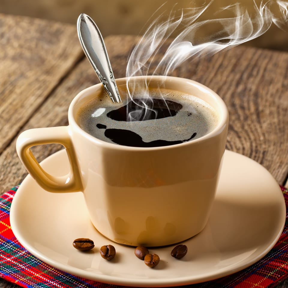 Steaming hot black coffee in a beige mug with a spoon, coffee beans, and a red plaid napkin.