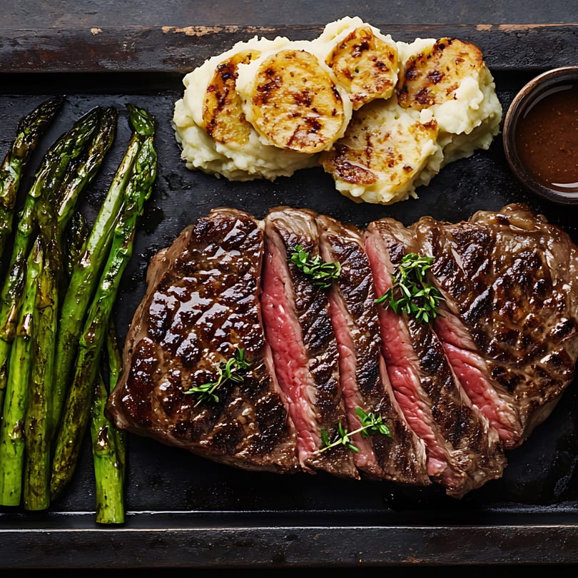 Sliced steak with asparagus, mashed potatoes, and a side of gravy on a dark platter.