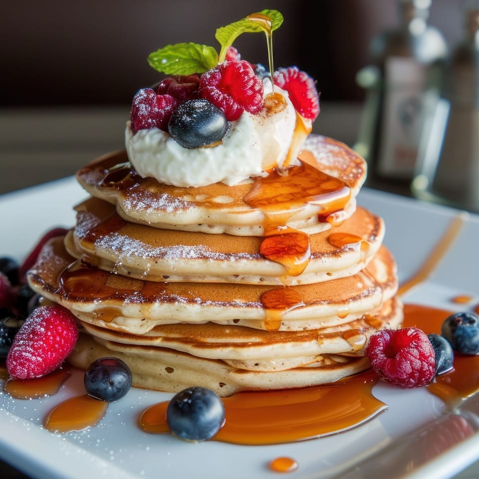 Stack of pancakes with whipped cream, berries, powdered sugar, and maple syrup drizzling down.